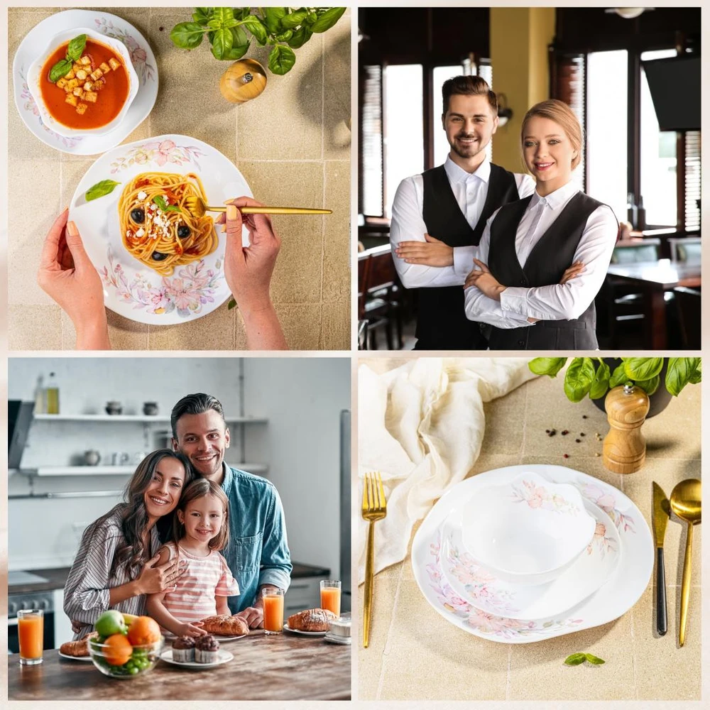 King Hoff Talerze Stiklinės lėkštės, 18 vnt. rinkinys (vakarienei, desertui, sriubai), opalo spalvos, baltos, kinghoff, kh-2035