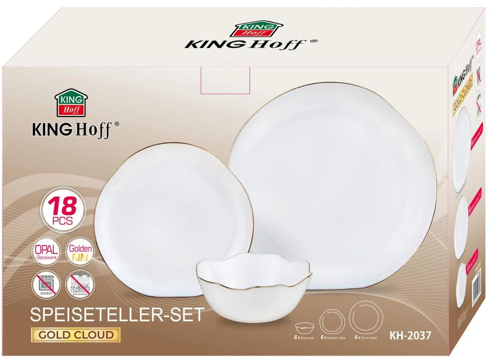 King Hoff Talerze Stiklinės lėkštės, 18 vnt. rinkinys (vakarienei, desertui, sriubai), opalas, baltos su aukso dekoracijomis, kinghoff, kh-2037