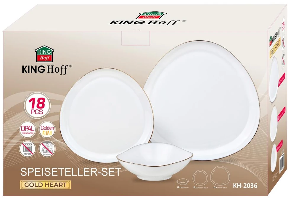 King Hoff Talerze Stiklinės lėkštės, 18 vnt. rinkinys (vakarienei, desertui, sriubai), opalas, baltos su aukso dekoracijomis, kinghoff, kh-2036