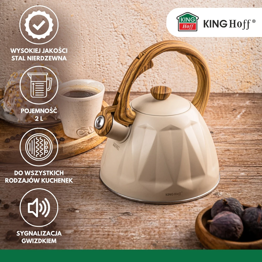 King Hoff Virdulys, Švilpiantis virdulys, 2 l, kreminės spalvos, nerūdijančio plieno