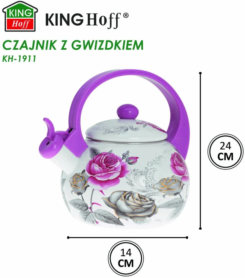 Czajnik, Virdulys, Švilpiantis virdulys, emaliuotas plienas, raštas - bordo rožės ir pilka, 2 l, kinghoff, kh-1911