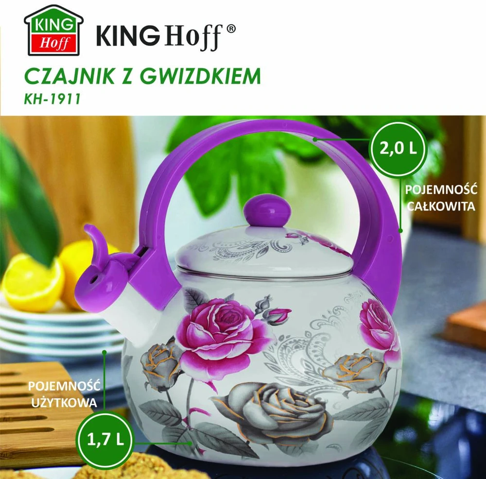 Czajnik, Virdulys, Švilpiantis virdulys, emaliuotas plienas, raštas - bordo rožės ir pilka, 2 l, kinghoff, kh-1911