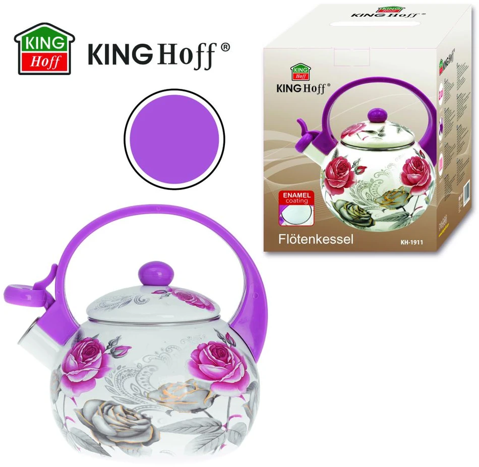 Czajnik, Virdulys, Švilpiantis virdulys, emaliuotas plienas, raštas - bordo rožės ir pilka, 2 l, kinghoff, kh-1911