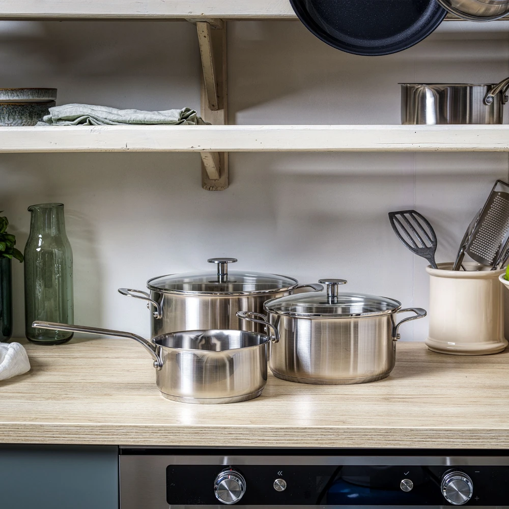 KitchenAid - Nerūdijančio plieno keptuvių rinkinys (3 vnt.): puodas su dangčiu + atviras puodas - sidabrinės spalvos - 16-24 cm