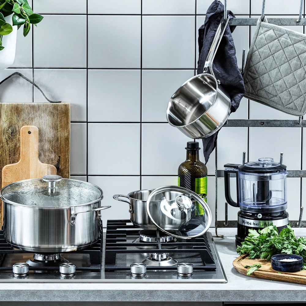 KitchenAid - Nerūdijančio plieno keptuvių rinkinys (3 vnt.): puodas su dangčiu + atviras puodas - sidabrinės spalvos - 16-24 cm