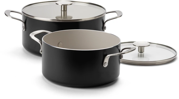 KitchenAid - Spalvoto aliuminio 6 dalių rinkinys: keptuvė 24/28 cm + puodas su dangčiu 20/24 cm - matinės juodos spalvos