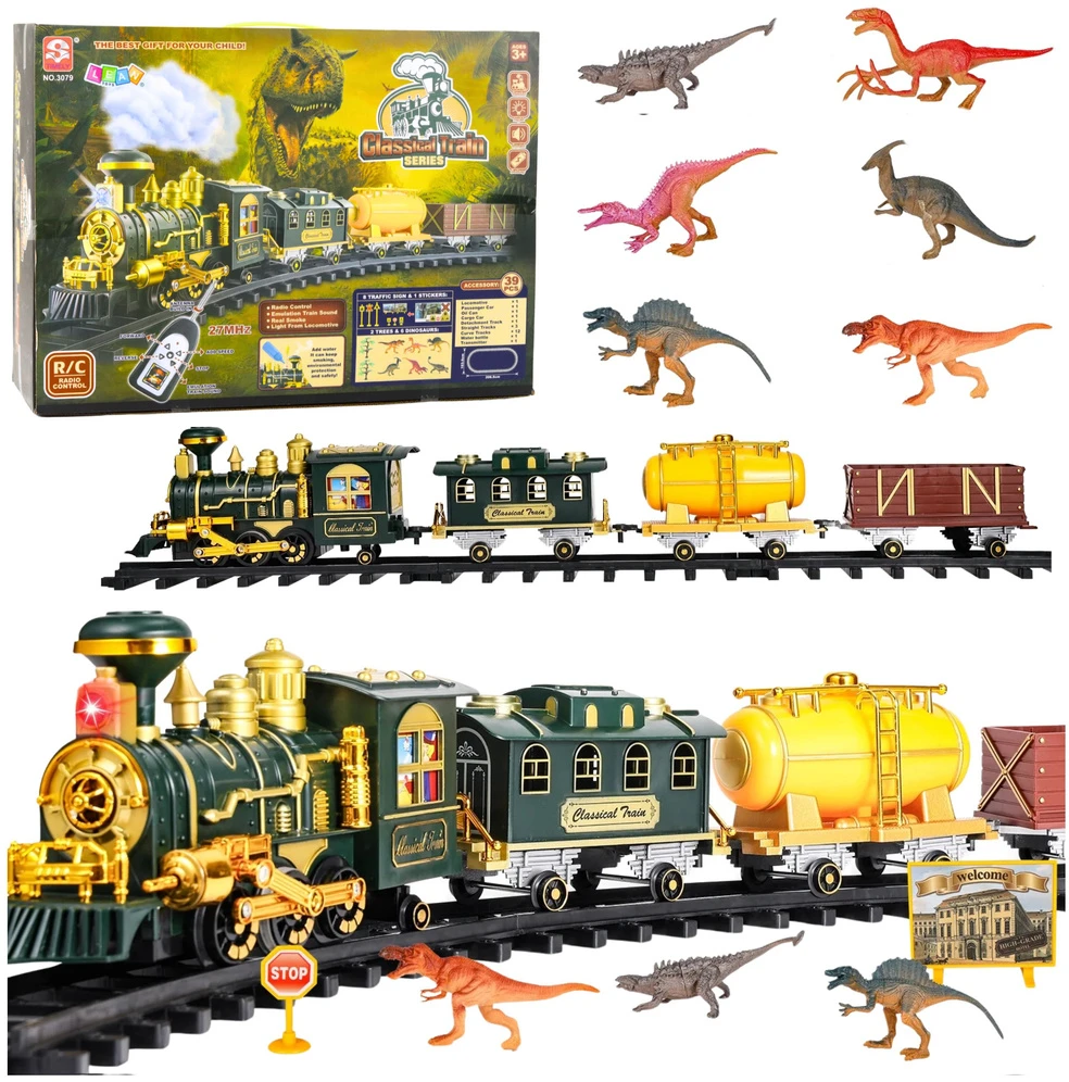 Lean Toys Elektrinis traukinys su dinozaurais ir nuotolinio valdymo pultu