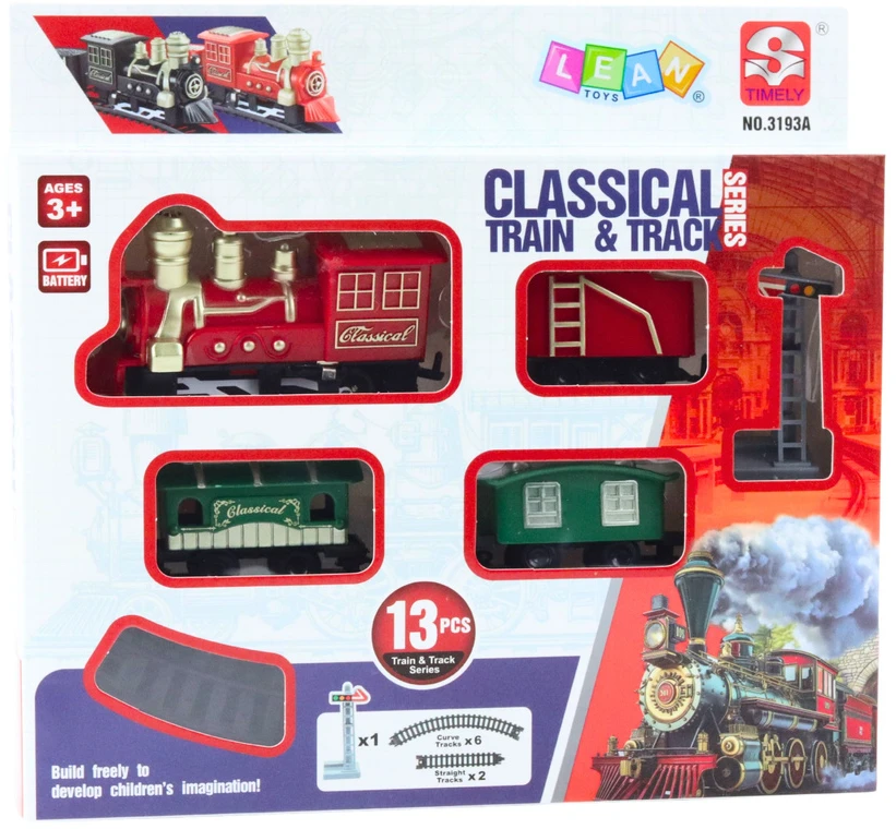 Lean Toys Klasikinis traukinio žaislas su bėgiais, 13 dalių