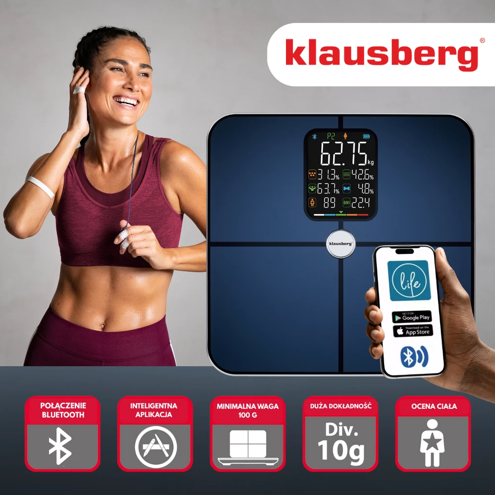 Klausberg Svarstyklės Išmaniosios vonios svarstyklės, kūno sudėties analizatorius, 180 kg, analitinės, išmanios