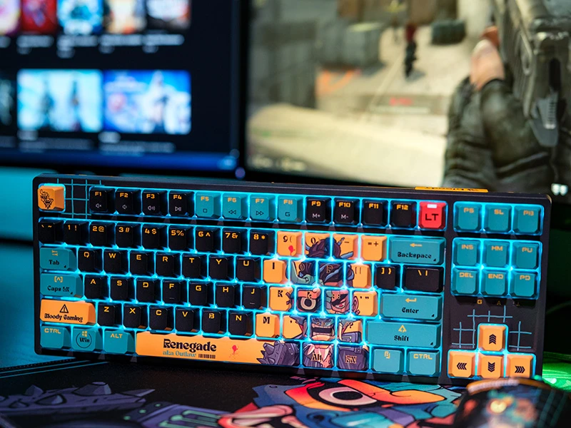 Klaviatūra žaidimams A4Tech Bloody AT87 RENEGADE Alpha Optical Switch, laidinė, opto-mechaninė, su foniniu apšvietimu, daugiaspalvė