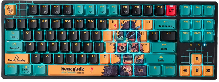 Klaviatūra žaidimams A4Tech Bloody AT87 RENEGADE Alpha Optical Switch, laidinė, opto-mechaninė, su foniniu apšvietimu, daugiaspalvė