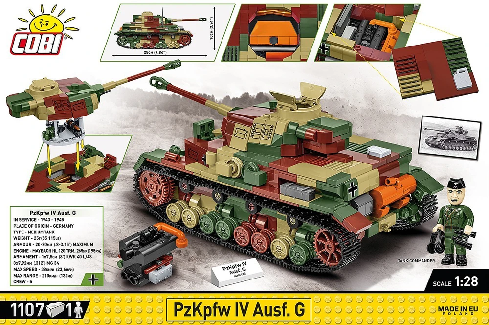 Cobi Konstruktoriaus kaladėlės WWII PZKPFW IV AUSF.G, 1107 kaladėlių