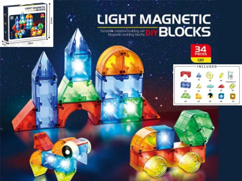 Madej Klocki Magnetiniai šviečiantys kaladėlės, 32 vnt.