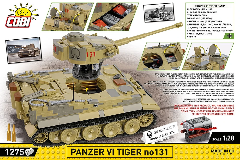 COBI konstruktorius Panzer VI Tiger 131, 1:28, 1275 detalių tankas