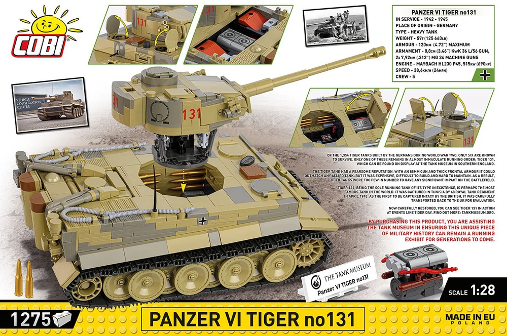 COBI konstruktorius Panzer VI Tiger 131, 1:28, 1275 detalių tankas
