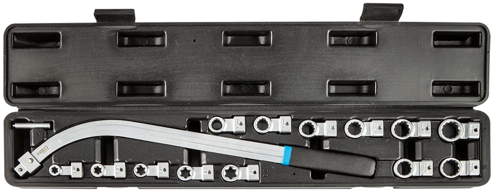 Neo Tools Klucz Įtempiklio nuėmimo įrankis su keičiamais antgaliais – 14 vnt. rinkinys