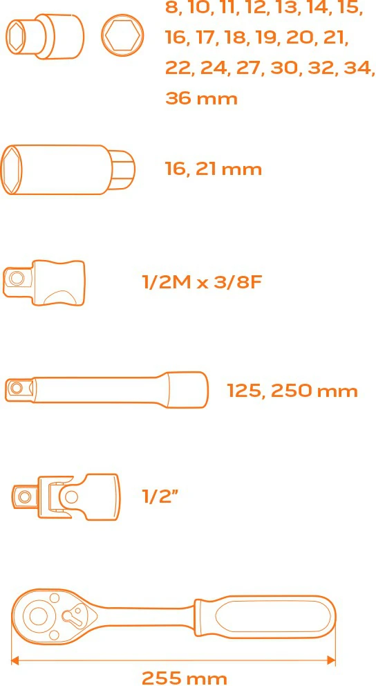 Neo Kasetės kompl. 1/2, 27 dalių, 10-26 mm vežimėlis stalčiuje