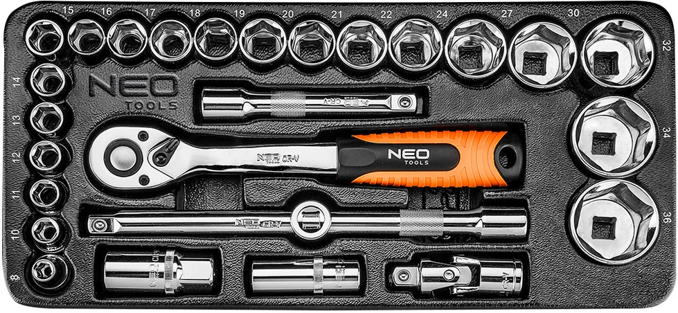 Neo Kasetės kompl. 1/2, 27 dalių, 10-26 mm vežimėlis stalčiuje