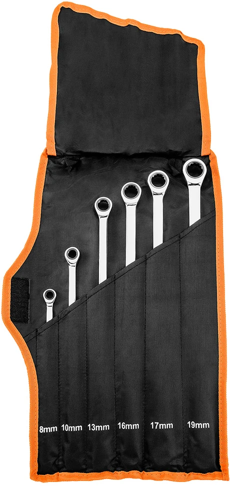 Neo Tools Klucze Ilgi reketiniai žiediniai raktai, 6 vnt. rinkinys, 8–19 mm, minkštas dėklas
