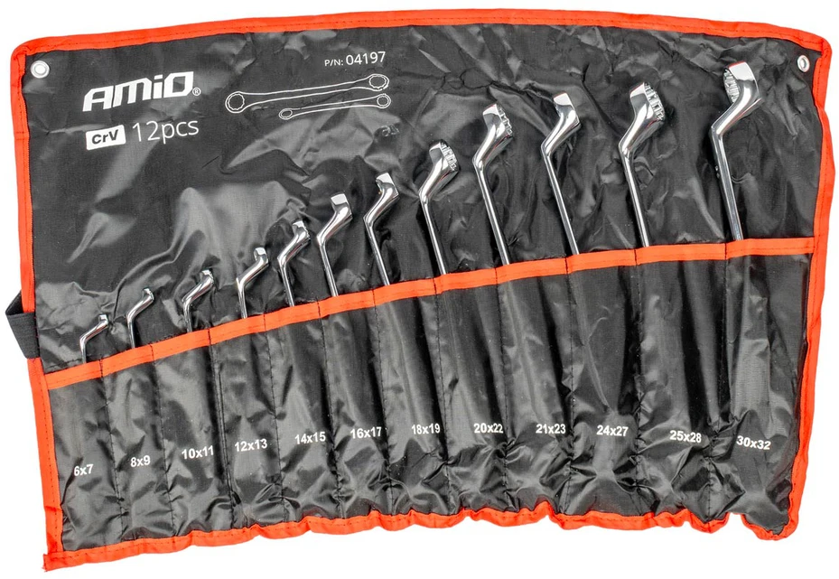 Žiedinių raktų rinkinys, lenkti 6–32 mm, 12 vnt., AMIO-04197