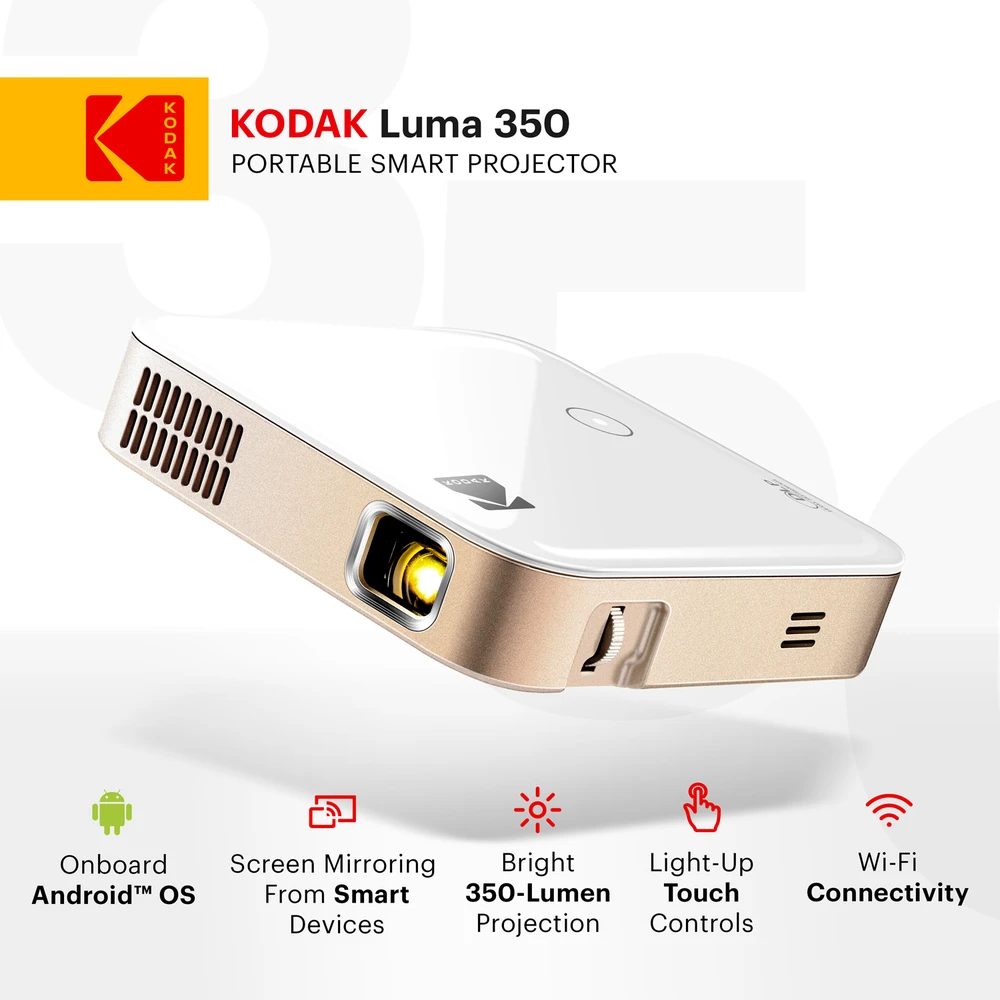 Projektorius Kodak Portable Series Luma 350 RODPJS350WH WVGA (854x480), 50 ANSI lumens, 3500:1, Baltas/Gold, Wi-Fi