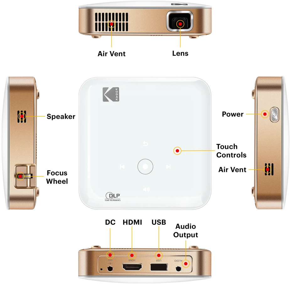 Projektorius Kodak Portable Series Luma 350 RODPJS350WH WVGA (854x480), 50 ANSI lumens, 3500:1, Baltas/Gold, Wi-Fi