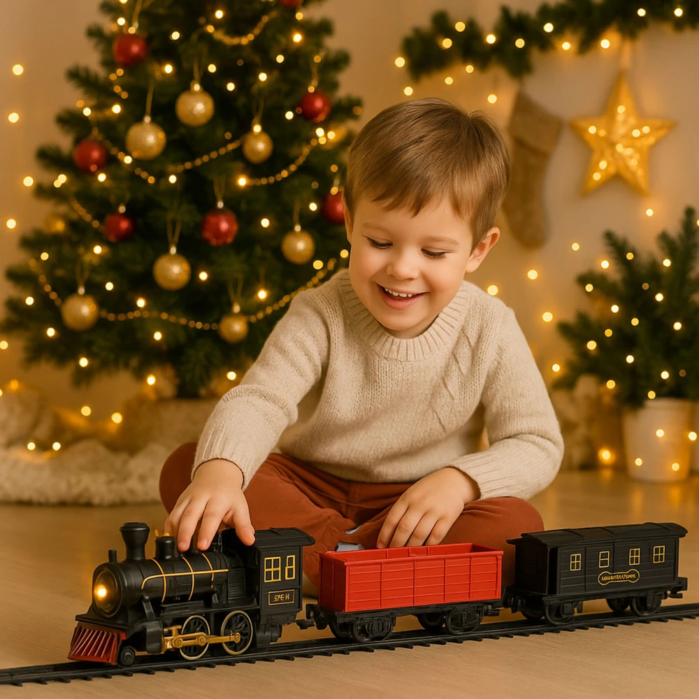 Lean Toys Elektrinis traukinukas su vagonais ir bėgiais