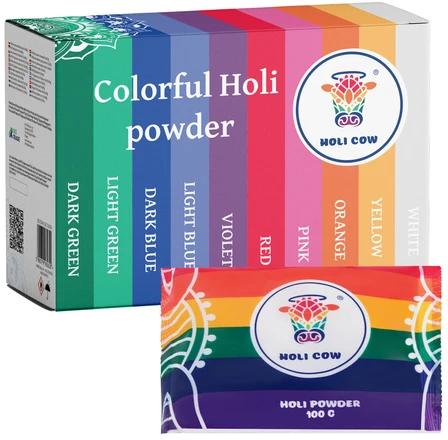Holi spalvų miltelių rinkinys 10 x 100 g Holi Cow 27334