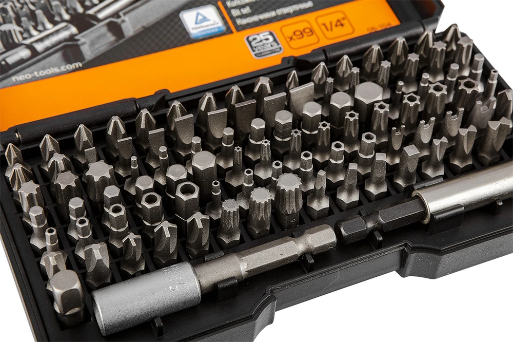 Neo Tools Koncówki Atsuktuvų antgalių rinkinys su laikikliu, 99 vnt.