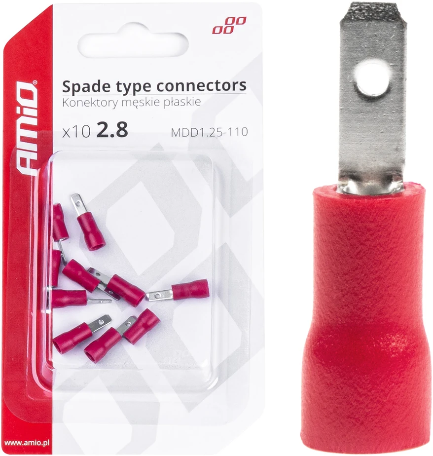 Izoliuoti plokščii kištukai 2.8mm 0.5-1.5mm2 10a 10 vnt. amio-03064