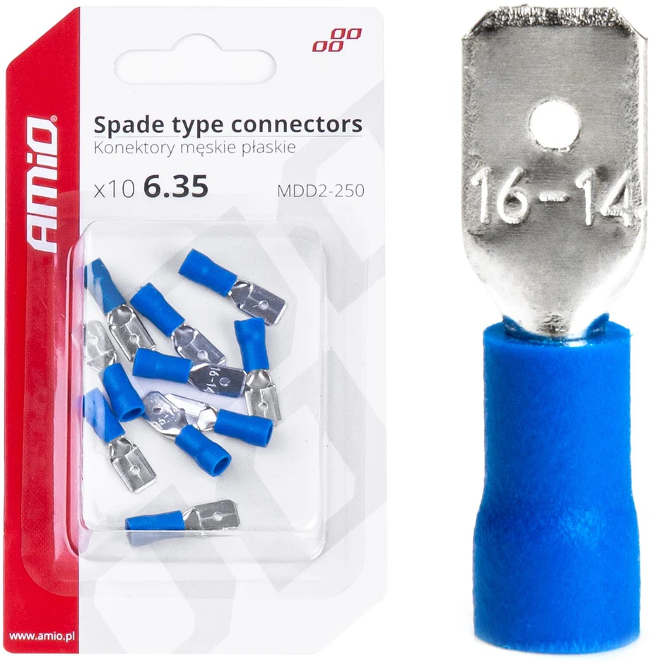 Izoliuoti plokščii kištukai 6,35 mm, 1,5–2,5 mm², 15a, 10 vnt. amio-03070