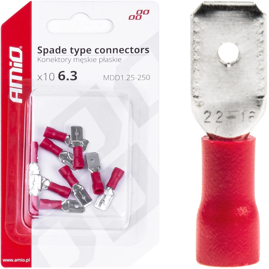 Izoliuoti plokščii kištukai 6.3mm 0.5-1.5mm2 10a 10 vnt. amio-03066