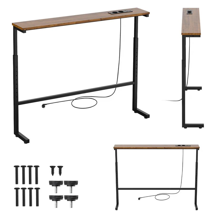Laikiklis Konsolė / stolik su listwą ładującą Maclean, juoda su rustykalnym blatem, reg. aukščio 62-83cm, max 25kg,przewód 2,5m, MC-140 B