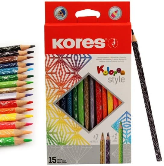 Spalvoti pieštukai KORES KOLORES STYLE, tribriauniai, 3mm, 15 spalvų (2 metalizuotos spalvos ir 1 neoninė)