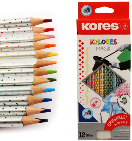 Spalvoti pieštukai KORES KOLORES MAGIK, tribriauniai, 3mm, ištrinami, 12 spalvų + trintukas