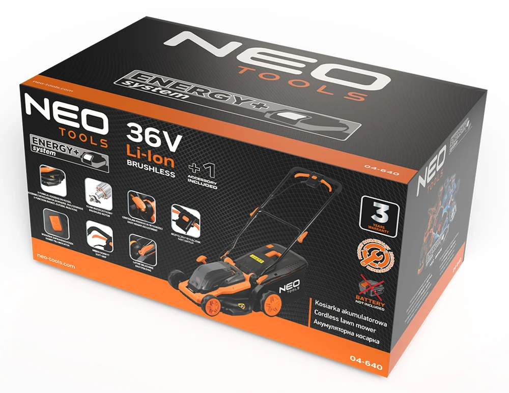 Vejapjovė NEO TOOLS 04-640, 36V, 38 cm, 45L krepšelis