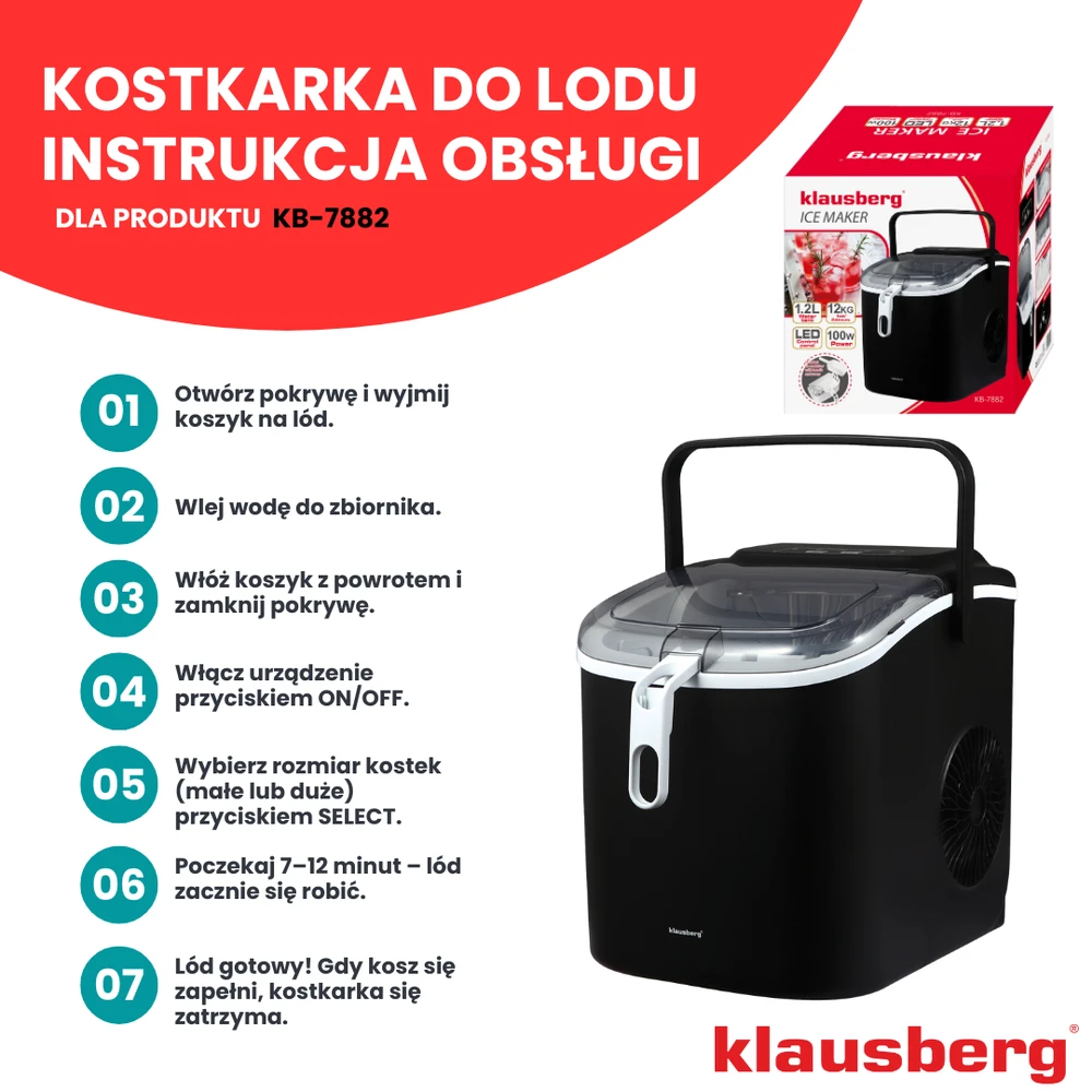 Kostkarka Automatinis ledo gaminimo aparatas, 100 W, LED skydelis, 1,2 l bakas, Klausberg, kb-7882