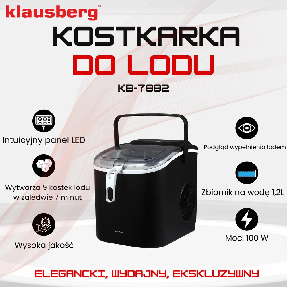 Kostkarka Automatinis ledo gaminimo aparatas, 100 W, LED skydelis, 1,2 l bakas, Klausberg, kb-7882