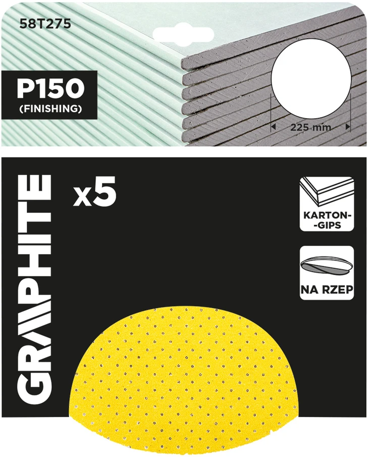 Krążki Abrazyviniai diskai, perforuoti, su lipniomis juostelėmis, 225 mm, P150, 5 vnt.