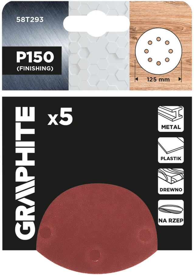 Graphite Krążki Šlifavimo diskai su lipdukais, 125 mm, P150, 5 vnt., su 8 skylėmis