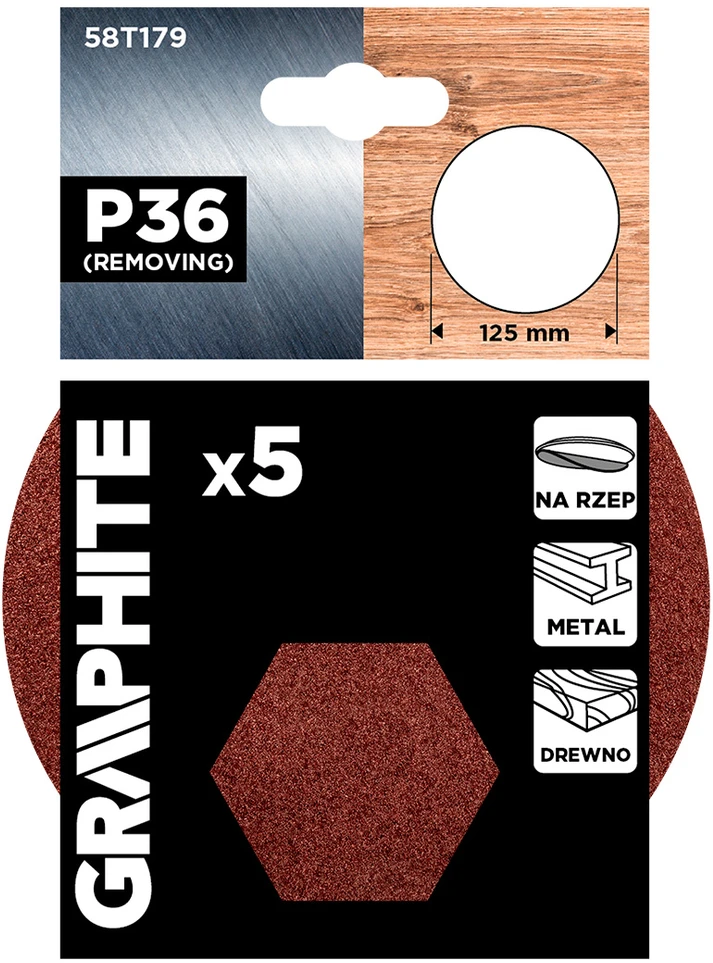 Graphite Krążki Šlifavimo diskai su lipdukais, 125 mm, P36, 5 vnt., be skylių