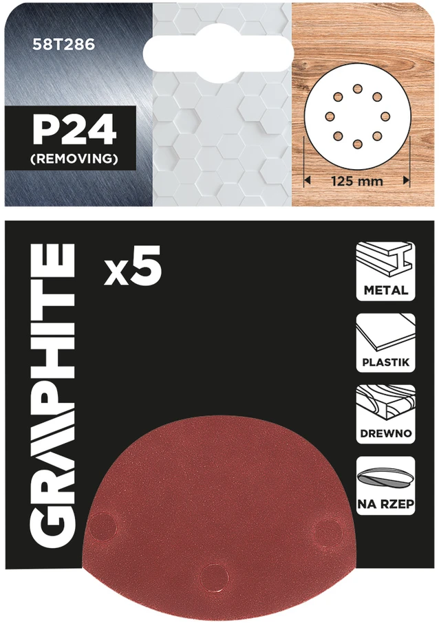 Graphite Krążki Šlifavimo diskai su lipdukais, 125 mm, P24, 5 vnt., su 8 skylėmis