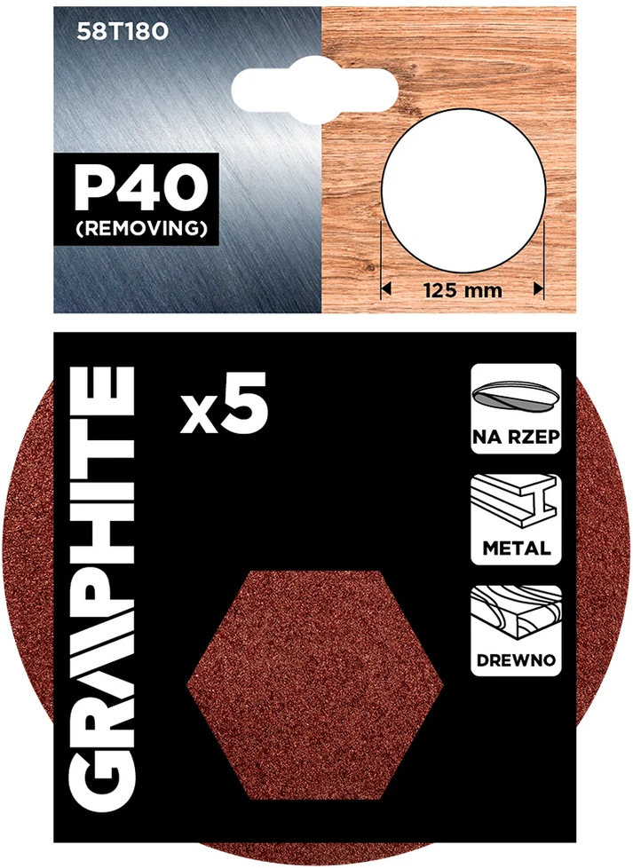Graphite Krążki Šlifavimo diskai su lipdukais, 125 mm, P40, 5 vnt., be skylių