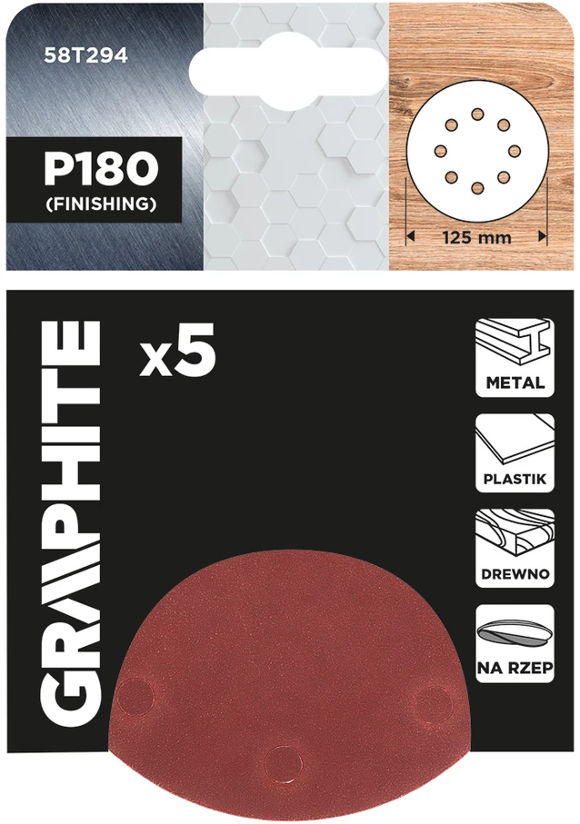 Graphite Krążki Šlifavimo diskai su lipdukais, 125 mm, P180, 5 vnt., su 8 skylėmis