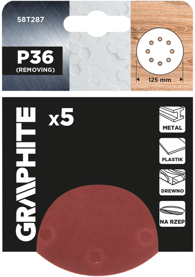 Graphite Krążki Šlifavimo diskai su lipdukais, 125 mm, P36, 5 vnt., su 8 skylėmis