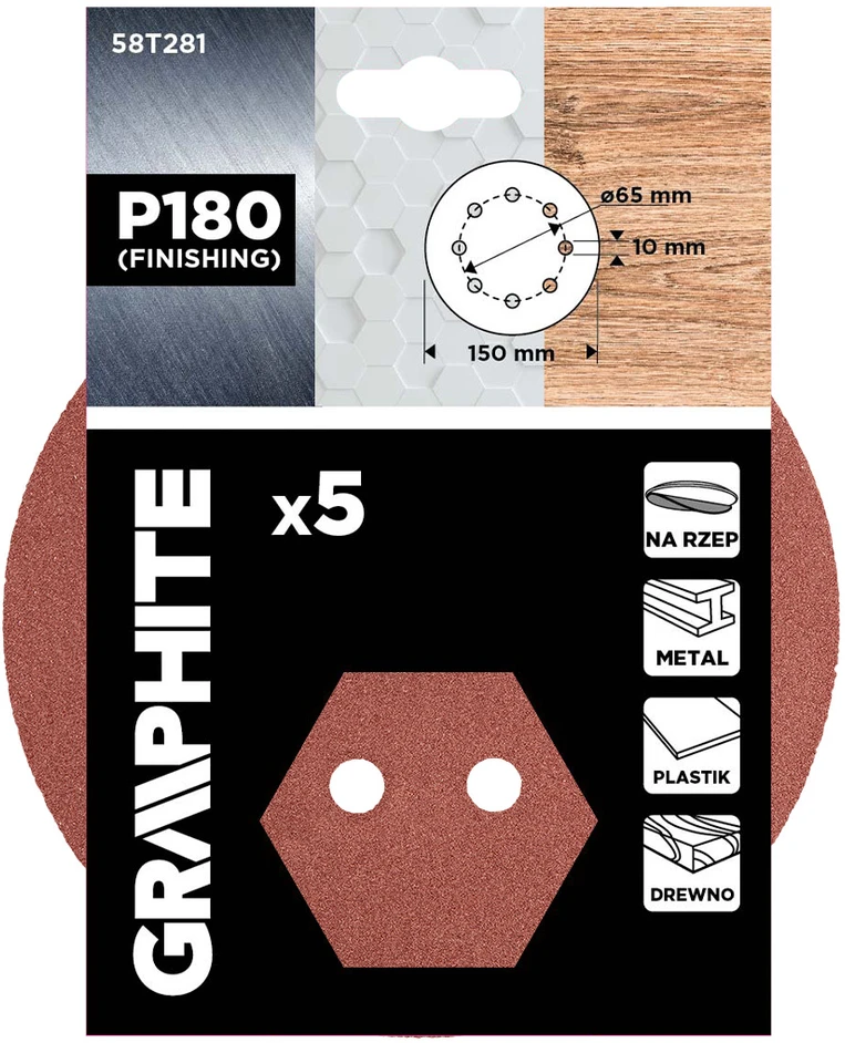 Graphite Krążki Šlifavimo diskai su lipdukais, 150 mm, P180, 5 vnt., su 8 skylėmis