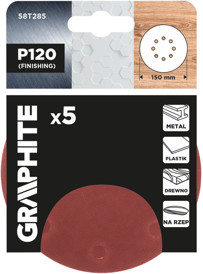 Graphite Krążki Šlifavimo diskai su lipdukais, 150 mm, P120, 5 vnt., su 8 skylėmis