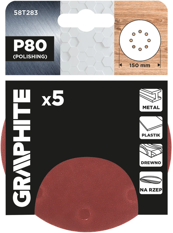 Graphite Krążki Šlifavimo diskai su lipdukais, 150 mm, P80, 5 vnt., su 8 skylėmis