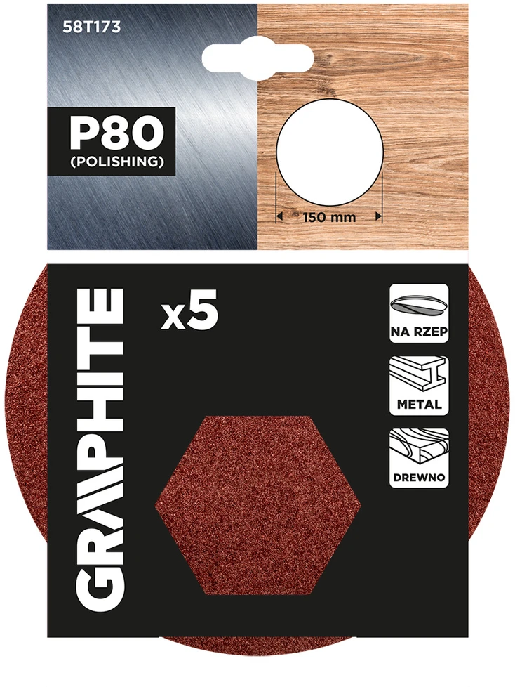 Graphite Krążki Šlifavimo diskai su lipdukais, 150 mm, P80, 5 vnt., be skylių