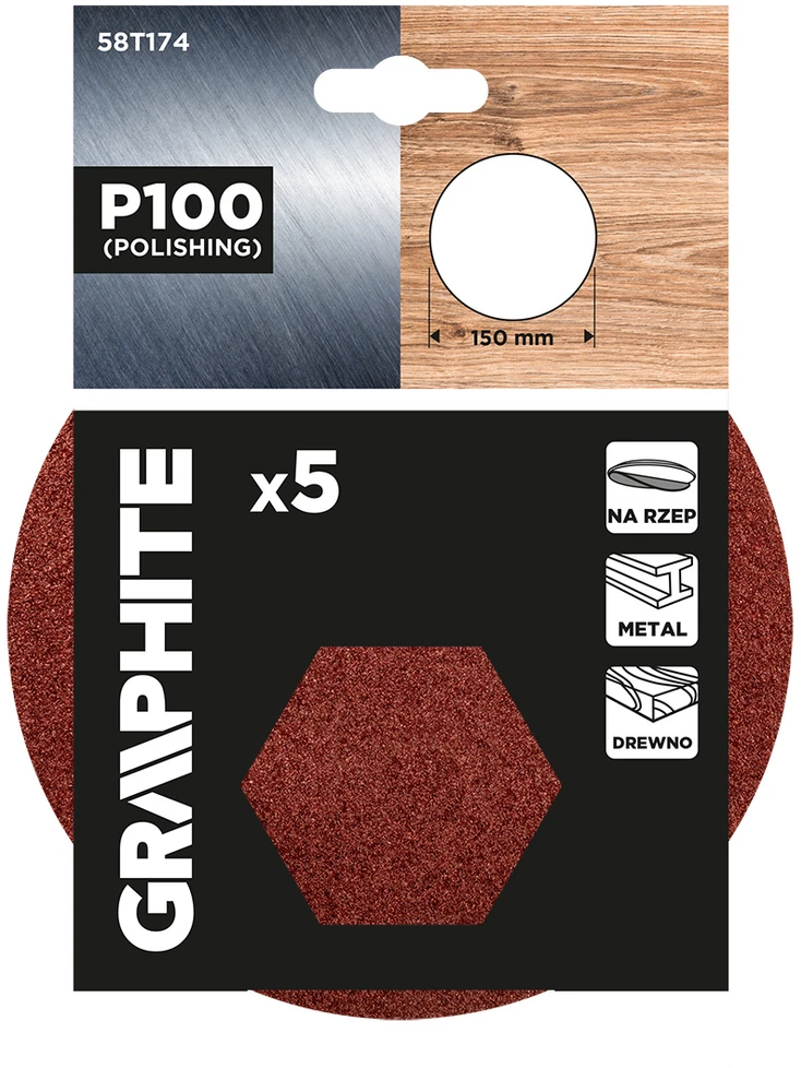 Graphite Krążki Šlifavimo diskai su lipdukais, 150 mm, P100, 5 vnt., be skylių